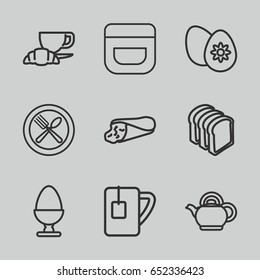 Breakfast icons set. set of 9 breakfast outline icons such as cream, wrap sandwich, bread slices, coffee and croissant, spoon and fork, tea cup, easter egg, teapot