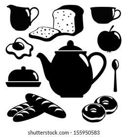 Breakfast icons set, black isolated vector silhouettes of food, drink and pottery