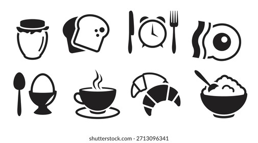 Iconos del desayuno fijados negros sobre un fondo blanco 