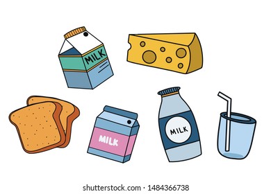 Breakfast icons set. bread, cheese, milk, glass, vector illustration 