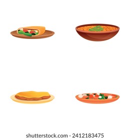 Breakfast icons set cartoon vector. Various dish for breakfast. Cooking, food concept