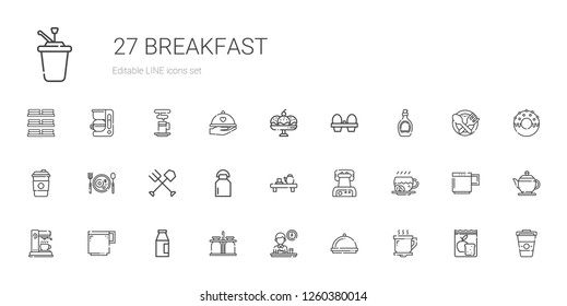 breakfast icons set. Collection of breakfast with coffee cup, dinner, milk jar, milk, coffee maker, coffee, waffle iron, tea, fork, syrup. Editable and scalable breakfast icons.