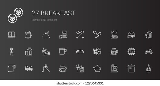 breakfast icons set. Collection of breakfast with coffee maker, teapot, sauce, coffee, toast, organic eggs, coffee cup, plate, bread, mug. Editable and scalable breakfast icons.