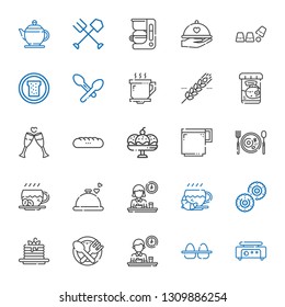 breakfast icons set. Collection of breakfast with crepe maker, eggs, food, pancakes, biscuit, coffee, dinner, coffee cup, cup, baguettes. Editable and scalable breakfast icons.