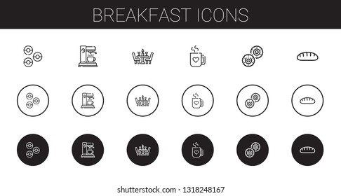 breakfast icons set. Collection of breakfast with donuts, coffee maker, dinner, mug, biscuit, bread. Editable and scalable breakfast icons.