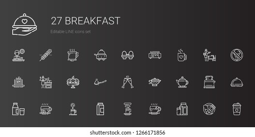 breakfast icons set. Collection of breakfast with milk, tea, coffee cup, coffee, teapot, sauce, toast, spoon, cup, pancakes, mug, crepe maker. Editable and scalable breakfast icons.