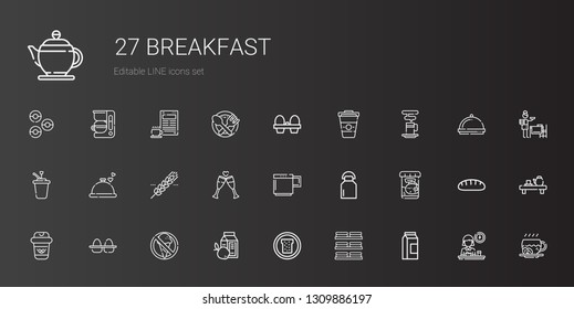 breakfast icons set. Collection of breakfast with milk, dishes, bread, no food, eggs, coffee, fish food, mug, toast, cereal, dinner, syrup. Editable and scalable breakfast icons.