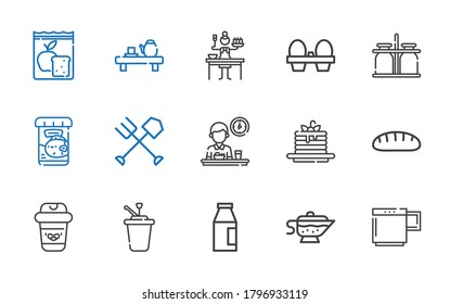 breakfast icons set. Collection of breakfast with mug, sauce, milk, syrup, coffee, bread, pancakes, fork, fish food, milk jar, organic eggs. Editable and scalable breakfast icons.