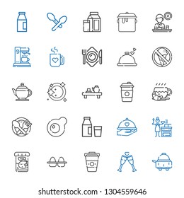 breakfast icons set. Collection of breakfast with room service, toast, coffee, eggs, fish food, sauce, dinner, milk, egg, food, tea, plate. Editable and scalable breakfast icons.