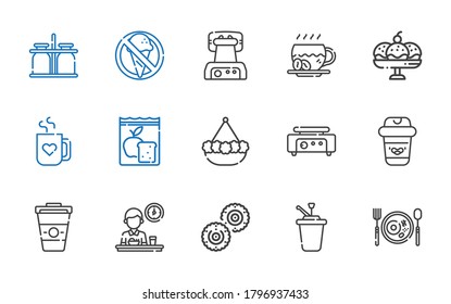 breakfast icons set. Collection of breakfast with syrup, biscuit, coffee, crepe maker, pot, meal, mug, cup, waffle iron, no food, milk jar. Editable and scalable breakfast icons.