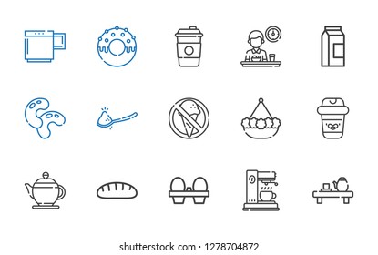 breakfast icons set. Collection of breakfast with tea, coffee maker, organic eggs, bread, teapot, coffee, pot, no food, spoon, beans, milk. Editable and scalable breakfast icons.