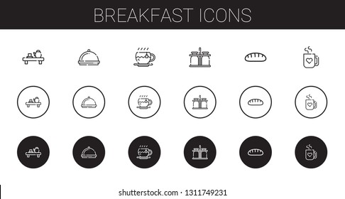 breakfast icons set. Collection of breakfast with tea, dinner, milk jar, bread, mug. Editable and scalable breakfast icons.