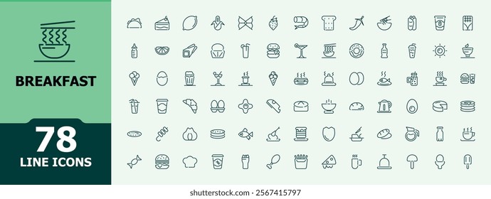 Breakfast icons set. Featuring kettle, egg, cereal, pack, croissant and more. Simple and minimalist icon designs. Editable vector illustration.