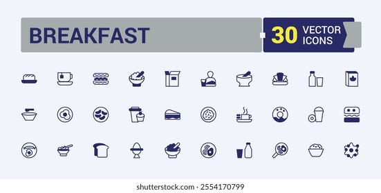 Breakfast icons set in line style. Includes thin line outline, set, sweet, symbol, eating, splash and more. Modern thin icons. Editable vector outline and solid icons.