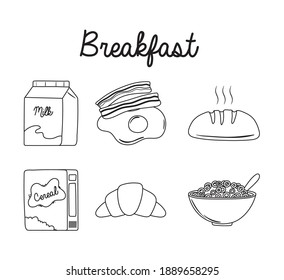 breakfast icons set, milk egg bacon bread cereal milk and croissant vector illustration line style