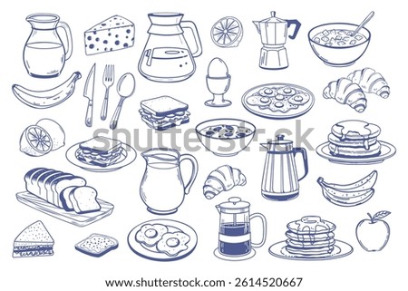 Breakfast icons set. Milk jug coffee pot cup juice sandwiches fried eggs pancakes toast with jam croissant cheese and cereal with milk for market product design. Hand drawn sketch illustration.