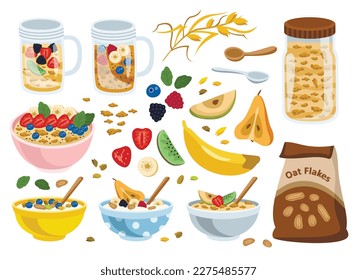 Breakfast icons set. Oatmeal, strawberry, blackberry, kiwi and banana. Healthy eating and proper nutrition. Wooden and metal spoon. Cartoon flat vector illustrations isolated on white background