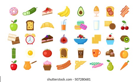 Breakfast icons set on white background. Isolated colorful icons with different breakfast meals like eggs, bananas, bacon, alarm, milk and more.