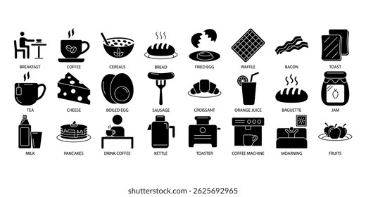 Conjunto de iconos de desayuno. Elementos de Vector de símbolo de paquete de desayuno para Web de infografía