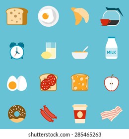 Breakfast icons set with sandwiches milk and coffee on blue background flat isolated vector illustration 