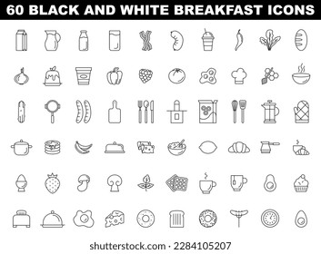 Breakfast icons set. Simple black and white morning food and cooking utensils illustrations. Eggs and bacon, croissant, waffles, toast, coffee and milk. Traditional menu. Flat vector illustration