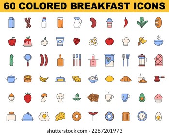 Breakfast icons set. Simple colored morning food and cooking utensils illustrations. Eggs, pastry, oatmeal, toast, fruits and vegetables, coffee and milk. Traditional menu. Flat vector illustration