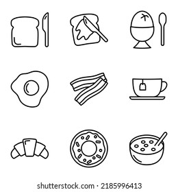 Breakfast icons set. Various tasty food and drinks. Pictogram isolated on a white background. Vector illustration.