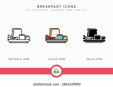 Los iconos de desayuno establecen la ilustración vectorial con el estilo de línea de icono sólido. El concepto de plato de pan y salchicha. Icono de trazo editable sobre fondo aislado para diseño web, infografía y aplicación móvil de interfaz de usuario.