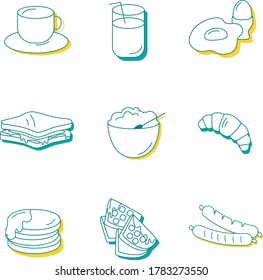 Breakfast icons set - waffles, croissant, sausage, pancakes, porridge, corn cereals, eggs, cold, hot drinks, beverages, toast, sandwich. Vector stock illustartion for web design restaurant menu.