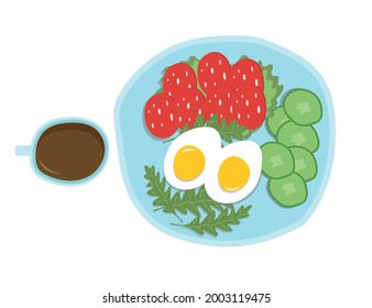 Breakfast idea: eggs, vegetables, sausage. Plate with meal, top wiev vector illustration.