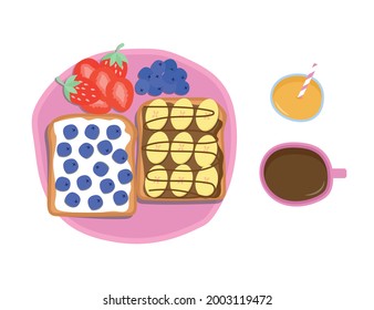 Breakfast idea top view. Sweet toast with berries and banana. Orange juce and coffee cup vector illustration.