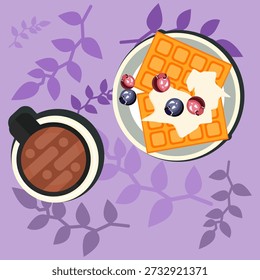 Ilustración de desayuno con gofres con crema y bayas en un plato, servido con una taza de café sobre un fondo floral púrpura, perfecto para temas de comida y brunch.