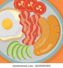 Design plano, Comida, Prato de vista superior, Café da manhã americano, Vetor, Salsicha, Ovo frito, Bacon, Tomate, Abacate, Colorido, Pão, Torrada, Desenhado à mão, para impressão, design, elemento, cozinha