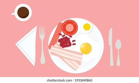 Breakfast illustration, with Fried Egg, tomato, sausage, bacon, beans, plate, cutlery and coffee