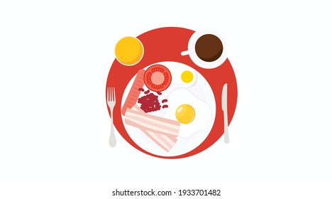 Breakfast illustration, with Fried Egg, tomato, sausage, bacon, beans, plate, cutlery, juice and coffee