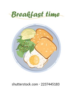 Breakfast illustration. Fried eggs with avocado and salad. Dish illustration for menu design, instagram, advertising, poster

