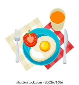 Breakfast illustration. Fried eggs, tomatoon on plate and juice. Concept for cafes, restaurants.