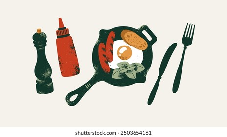 Ilustración de desayuno. Sartén con huevos y salchichas. Olla de pimienta con ketchup. Ilustración vectorial.