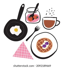 Breakfast Illustration. Geometric trendy vector elements, frying pan, coffee, waffle, egg, strawberry jam, blueberry and napkin texture, fork and plate. Sunday breakfast top view of table. - Vector