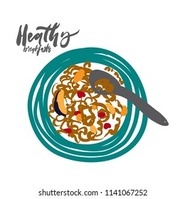 Breakfast illustration. Hand drawn poster. Healthy breakfast. Porridge 