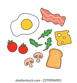Ilustración del desayuno. Sencillas ilustraciones de doodles de productos - Huevos deslucidos, tocino, setas, tomates, arugula
