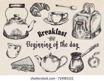 Breakfast illustration. Toaster, bread, toast, apple, fruit, coffee pot, kettle, sandwich, snacks, milk pot, mug, cup, croissant, kettle, spoon, dessert.