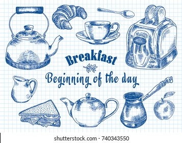Breakfast illustration. Toaster, bread, toast, apple, fruit, coffee pot, kettle, sandwich, snacks, milk pot, mug, cup, croissant, kettle, spoon, dessert.