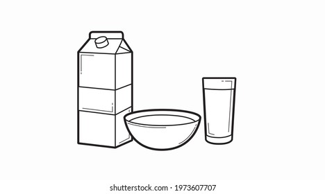 Breakfast Illustration. Vector black and white linear illustration fo a milk box, a bowl and a glass