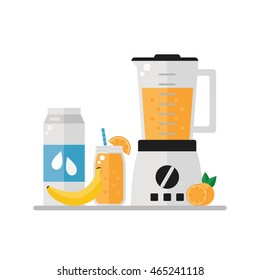 Breakfast image on white background. Smoothie, milk, fruits, blender. Healthy breakfast. Flat style vector illustration. 