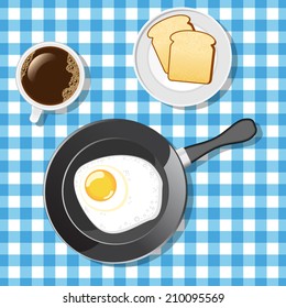 Breakfast, including fried egg in a pan, a cup of coffee and toasts