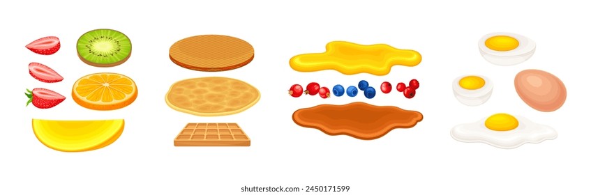 Breakfast Ingredients with Fruit, Egg, Pancake and Waffle Vector Set