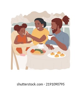 Breakfast Isolated Cartoon Vector Illustration. Family Having Breakfast At Hotel, Baby In High Chair With Parents At The Table, Fruits On Plate, Drinking Coffee, Feeding Child Vector Cartoon.