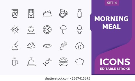 Breakfast isolated icon set. Includes thin line healthy, drink, nut, cheese, oat and more. Minimalistic icons. Editable stroke.