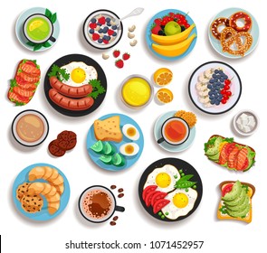 Breakfast isolated set of top view dishes laid out on tableware or pan isolated vector illustration